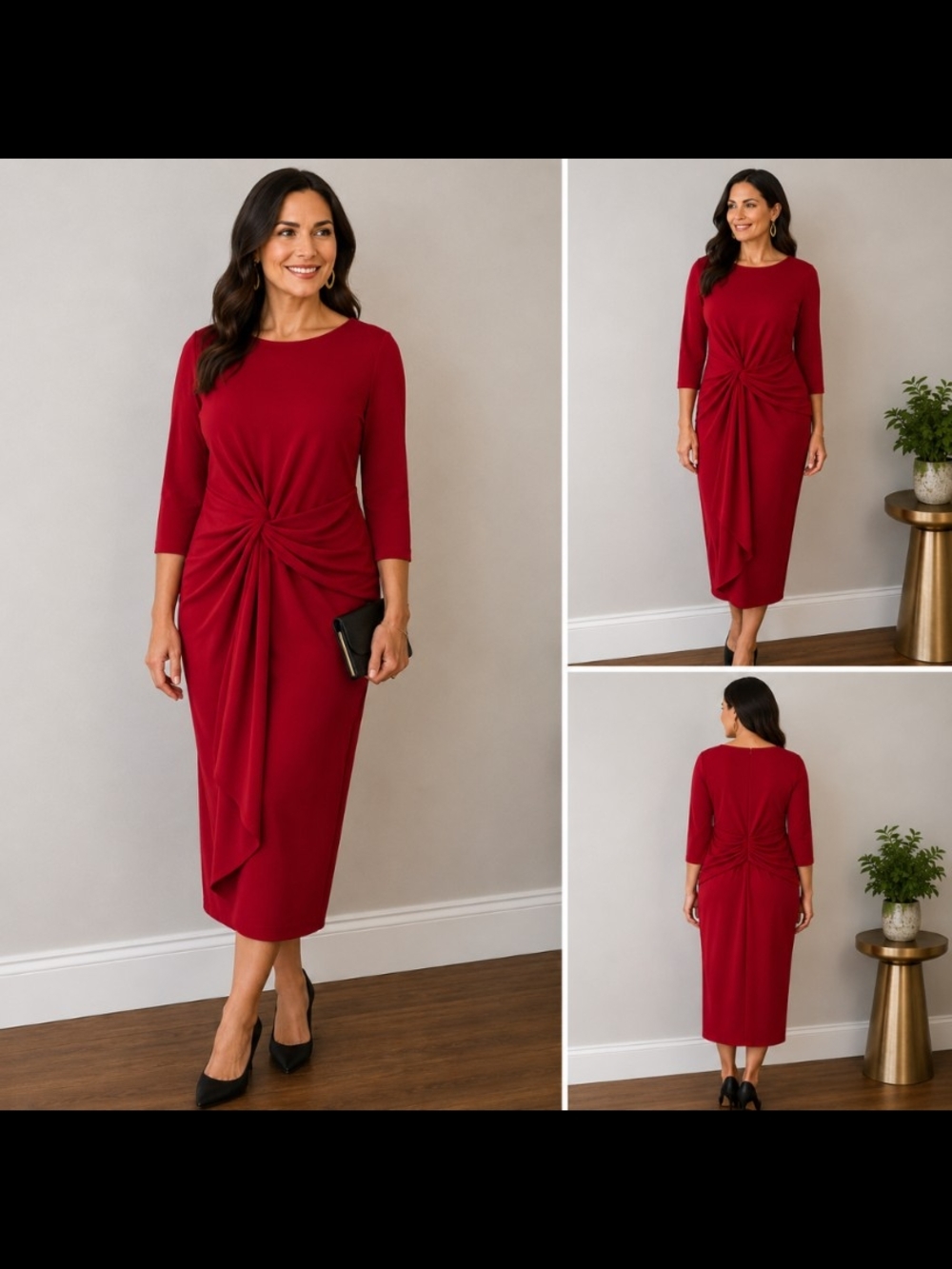 Lauren Ralph Lauren Red Ruched Draped Midi Dress Size 16 3/4 Sleeve